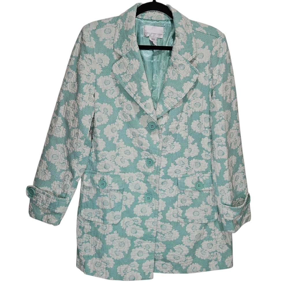 Susan Graver | Style Women Large Mint Green Floral Blazer Jacket Coat Peacoat